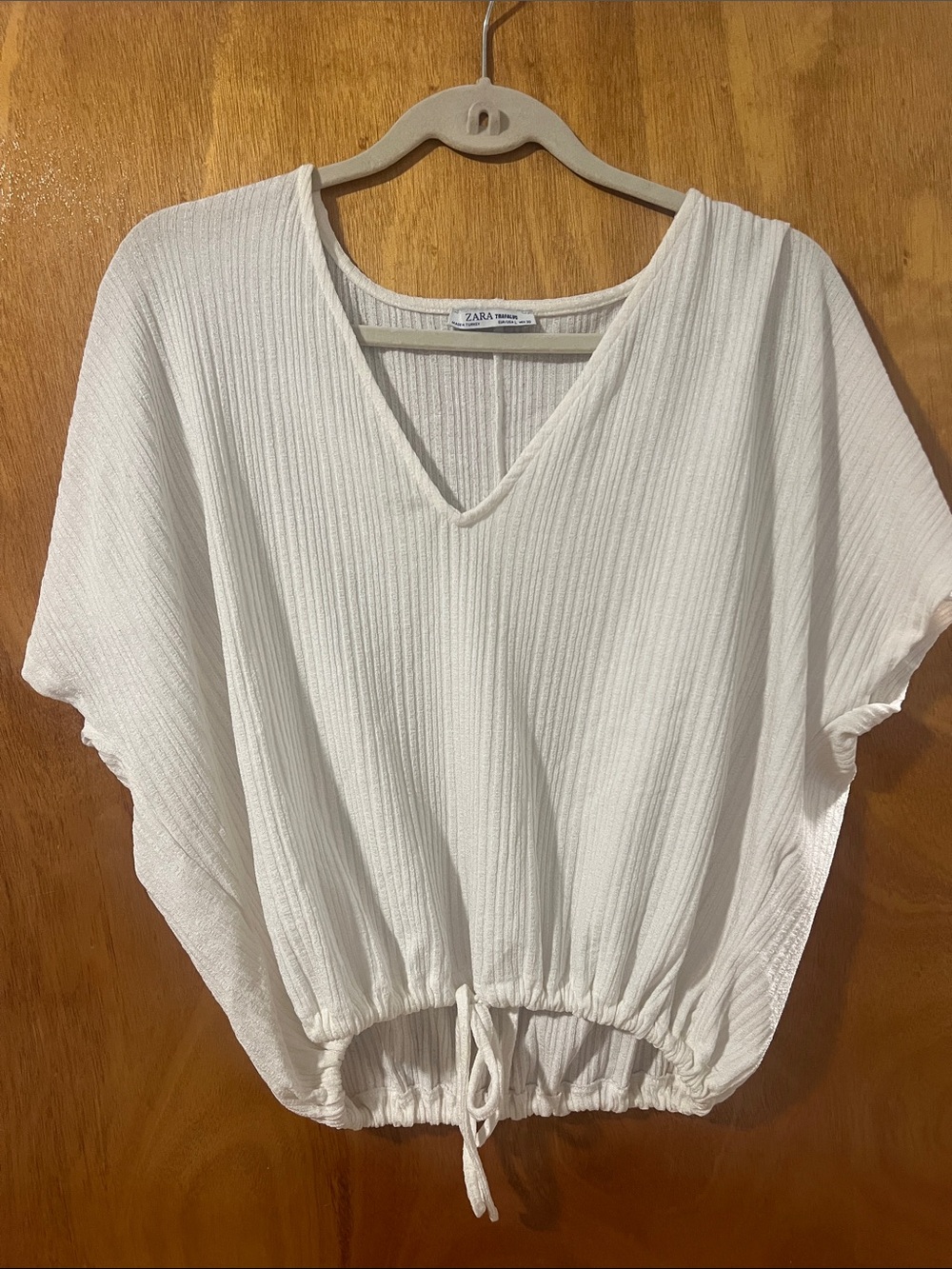 ZARA White Ribbed V-Neck Drawstring Tunic Top